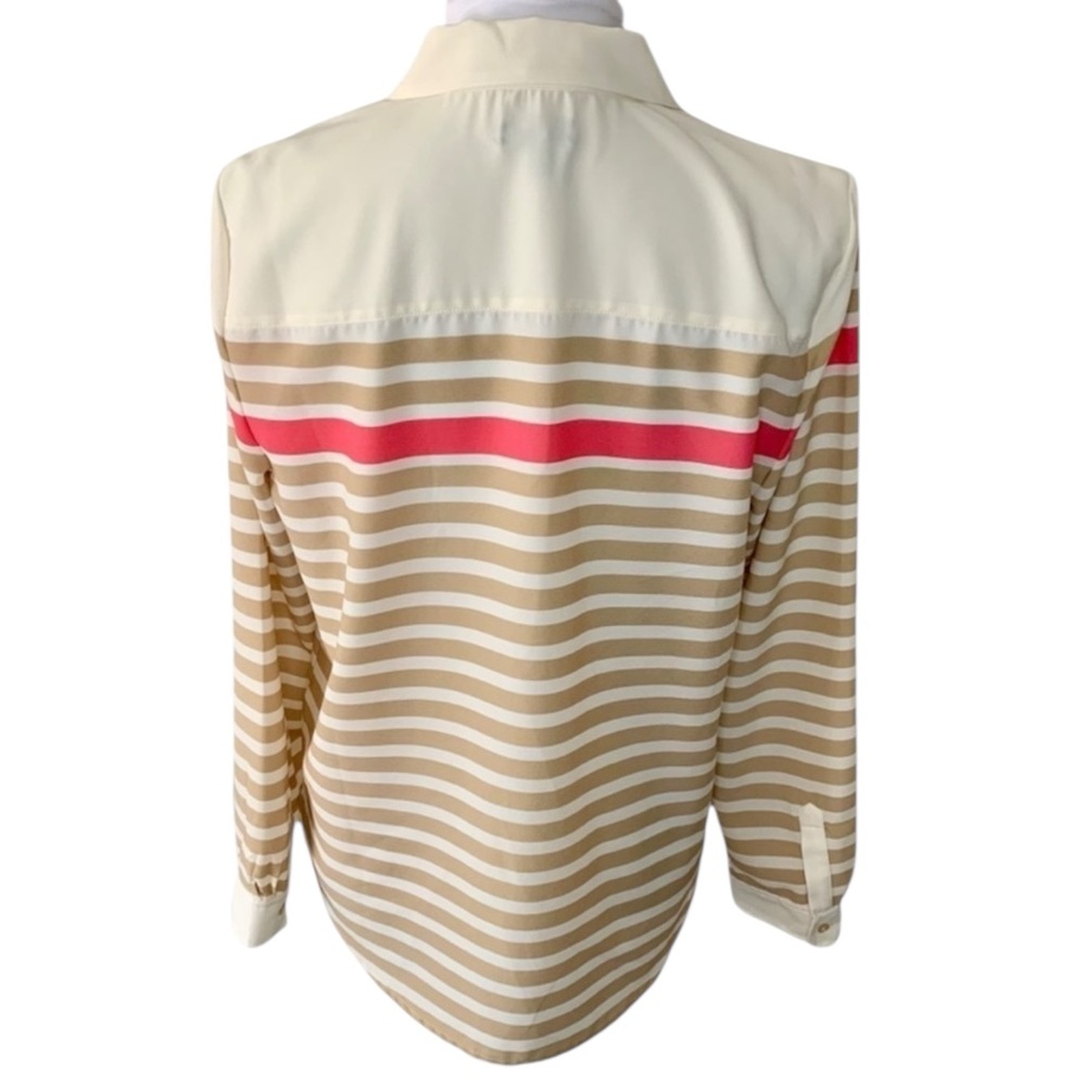 TALBOTS Button Up Stripped Blouse w/ Peter Pan Collar in Tan/Ivory/Pink Size 4 - Picture 3 of 10